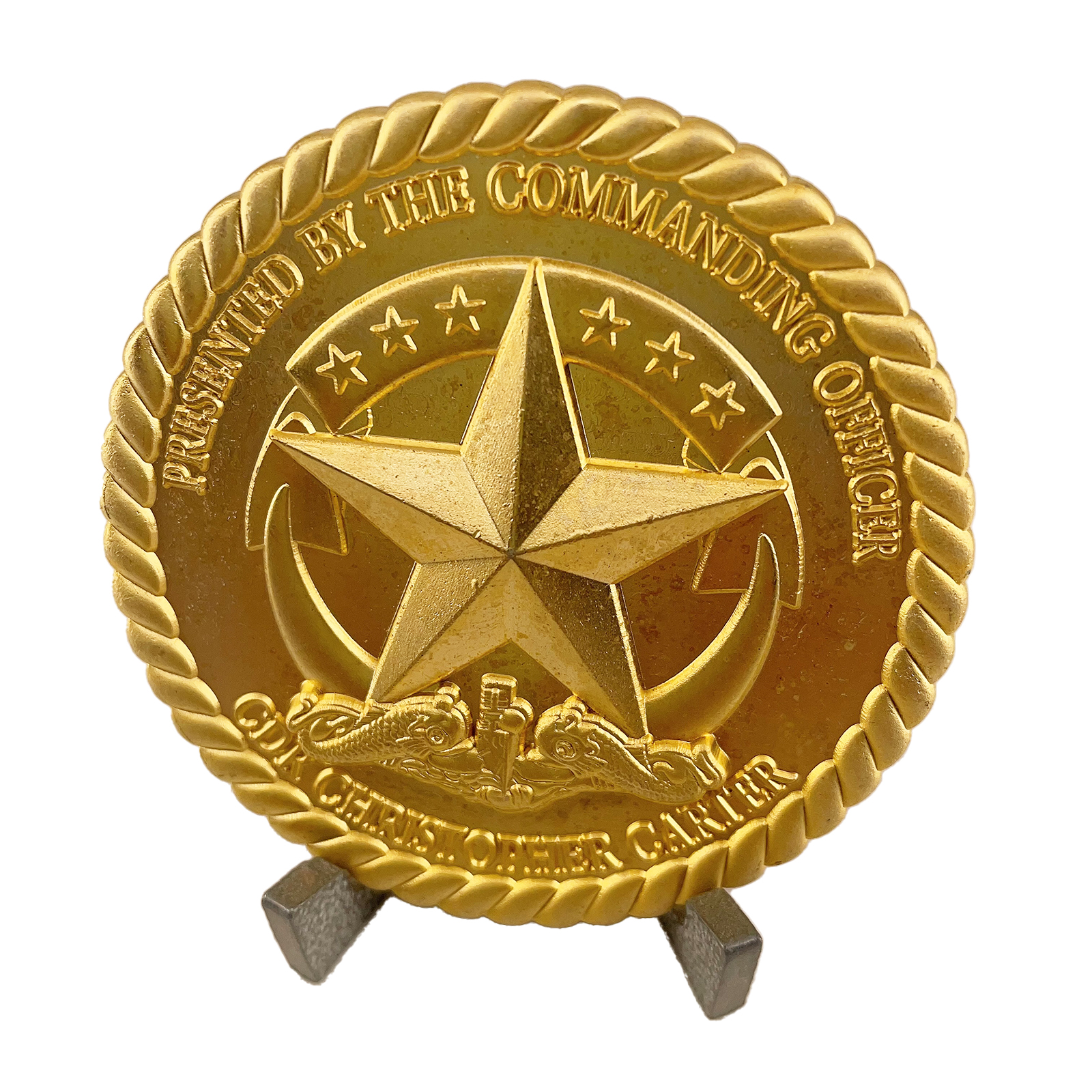 USS Alexandria Challenge Coin displayed in collector's case