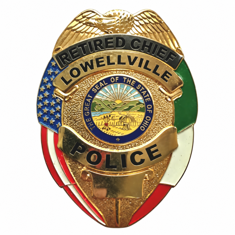 Lowellville retired chief police badge with blank number plate