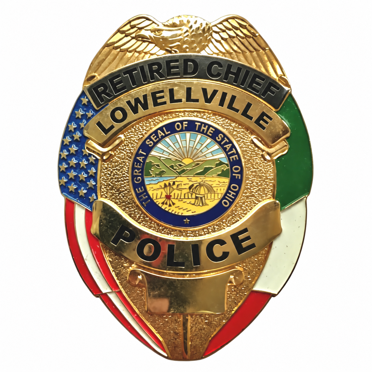 Lowellville retired chief police badge with blank number plate